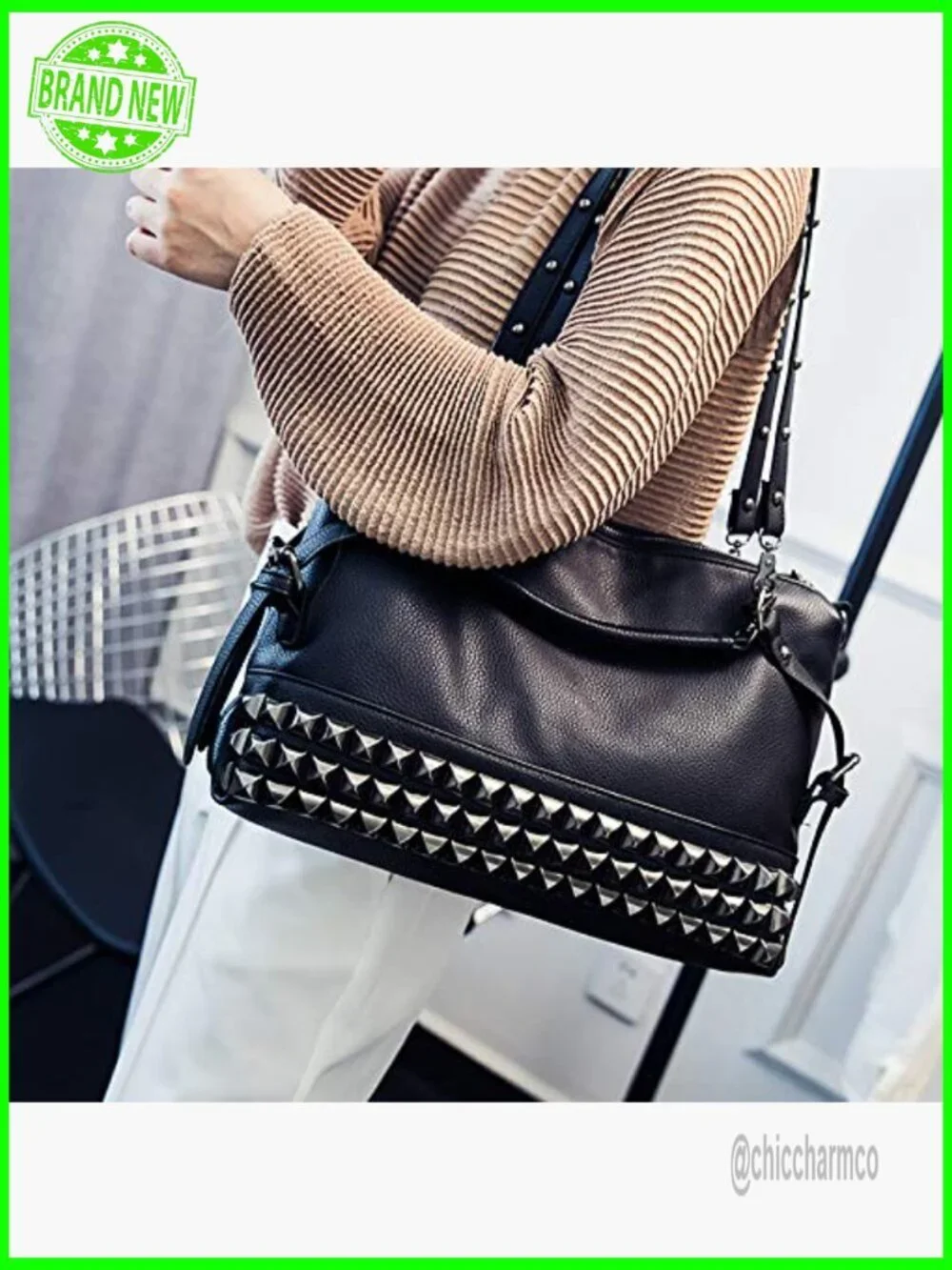 Large Faux Leather Crossbody Hobo Bag with Rivet Design, Convertible Strap